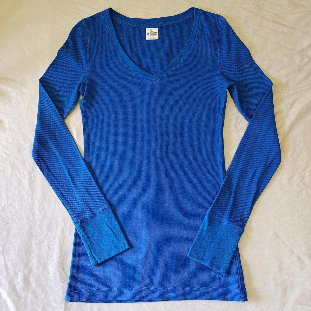 Vintage Victoria Secret PINK Y2K Thermal Waffle Knit Long Sleeve Top Blue Medium